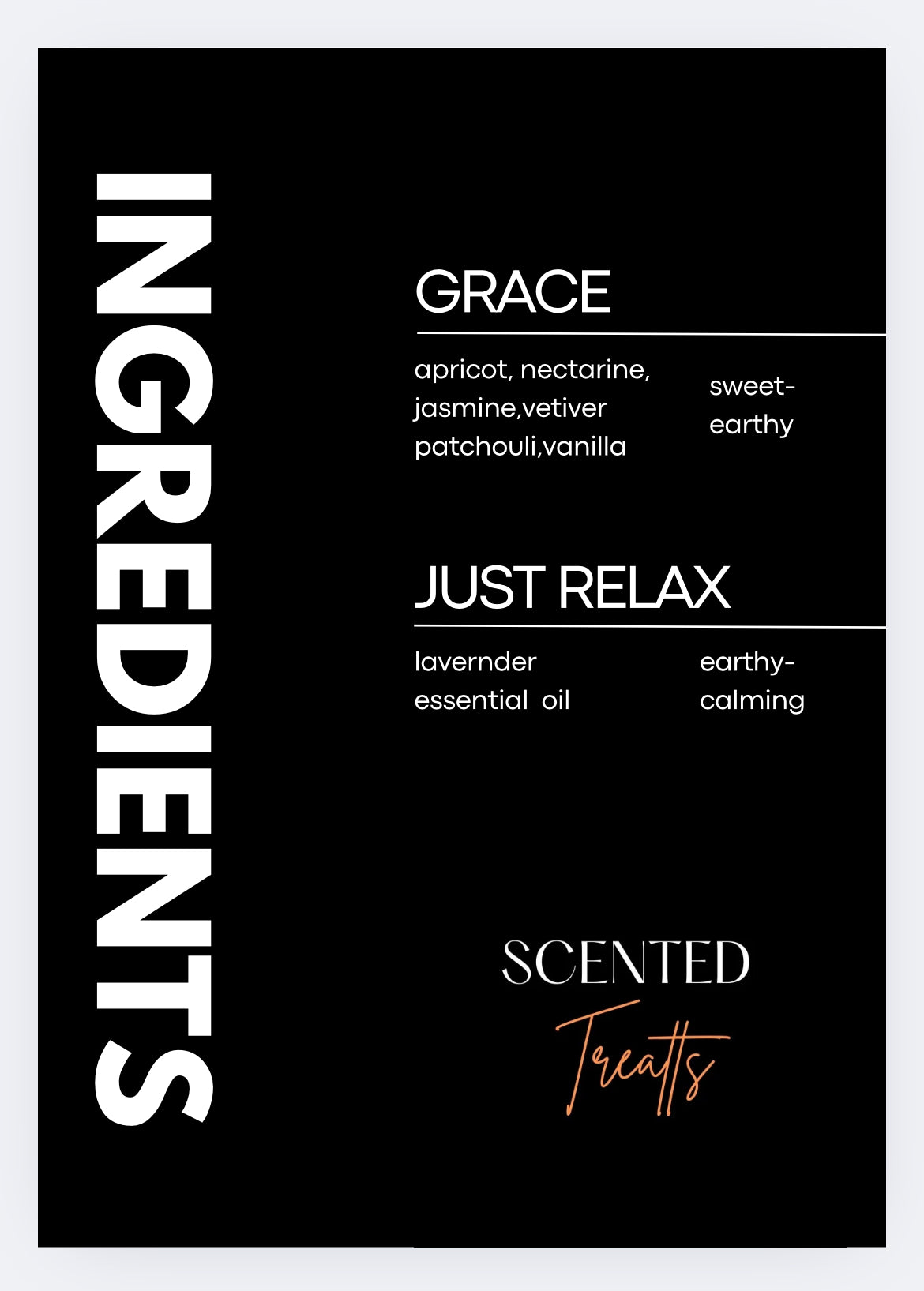 Product label with ingredients and description on a black background